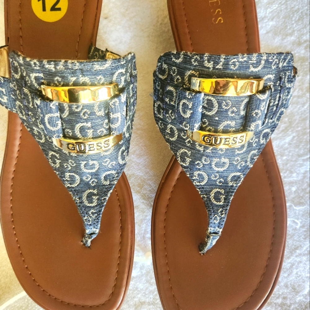 Guess size 12 signature denim 2.5 inch heel sandal.